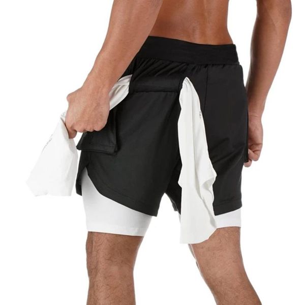 

men's shorts gym fitness double layer men jogger workout bermuda male running sport short pants summer casual quick dry 2 in 1, White;black