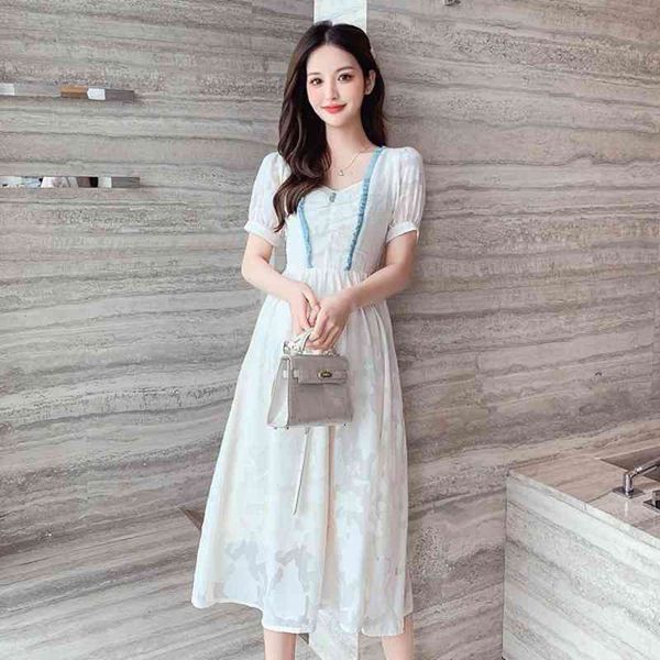 

summer fashion elegant casual women square neck short sleeve jacquard lace-up dress 210531, Black;gray