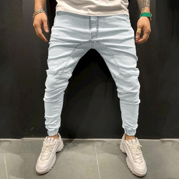 

men's jeans jaycosin autumn mens casual solid sports full length pants slim mid-waist trousers bodybuilding pocket denim pencil pant, Blue