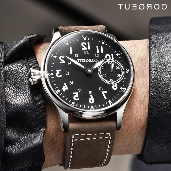 

corgeut fashion leather luminous mechanical hand winding 17 jewels st3600 seagull 6497 movement sport wrist man watch, Slivery;brown