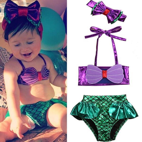 Swimsuit Swimwear 2021 Novos 3 pcs Crianças Crianças Baby Girl Sereia Bowknot Banheira Terno Verão Tankini Bikini Terno Beachwear Biquini