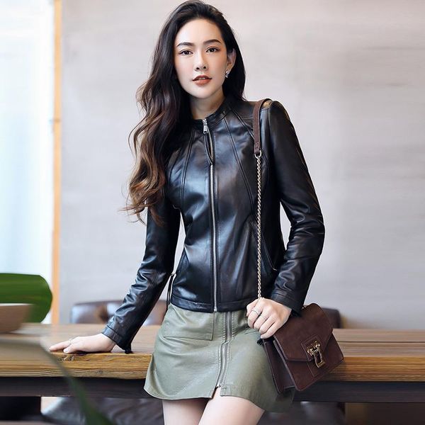 

women's fur & faux 2021 autumn winter natural sheepskin leather jacket women stand collar slim real coat outerwear, Black
