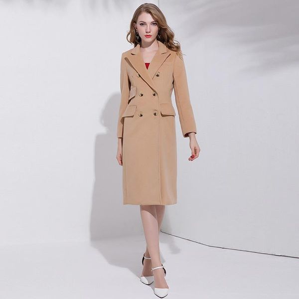 

women's wool & blends 2021 fashion womens ol coats european style slim fit outerwear female elegant double breasted pocket long overcoa, Black