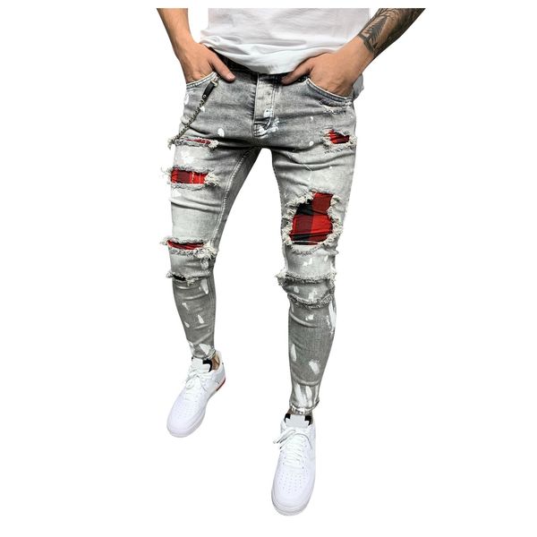 

2021 new gentlemen ny fashion weatherman born jeans ripped grid stretch male jogging denim broek men, Blue