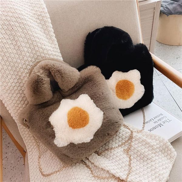 

evening bags 2021 autumn winter fried egg women plush designer bucket bag cute soft faux fur handbag female young girl messenger