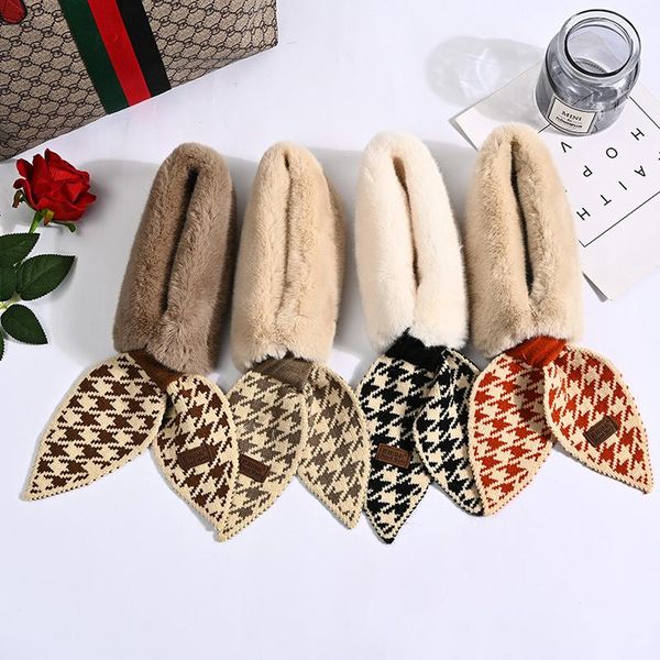 

2021 New Winter Thick Warm Faux Fur Neck Collar Scarf Neckerchief Women Houndstooth Designer Knitted Scarfs for Ladies, Blue;gray