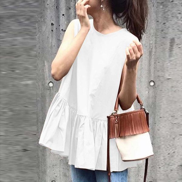

women's blouses & shirts 40# ruffle pleated sleeveless blouse solid color o neck loose vest tunic office lady elegant summer shirt blu, White