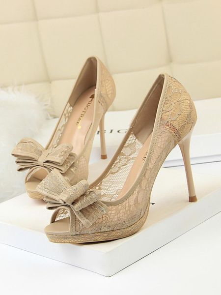 

dress shoes european and american nightclub lace banquet women's stiletto high heels shallow mouth fish hollow mesh bowknot, Black