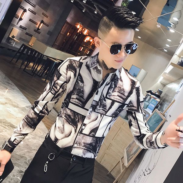

new alta qualidade primavera nova beleza menina impresso camisas de manga longa para roupas masculinas 2021 streetwear fino ajuste casual ab, Black;brown