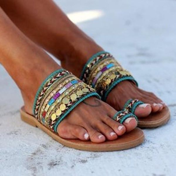 

slippers women summer fashion women's flat toe shoes ethnic style metal decoration casual ladies outdoor plus size, Black