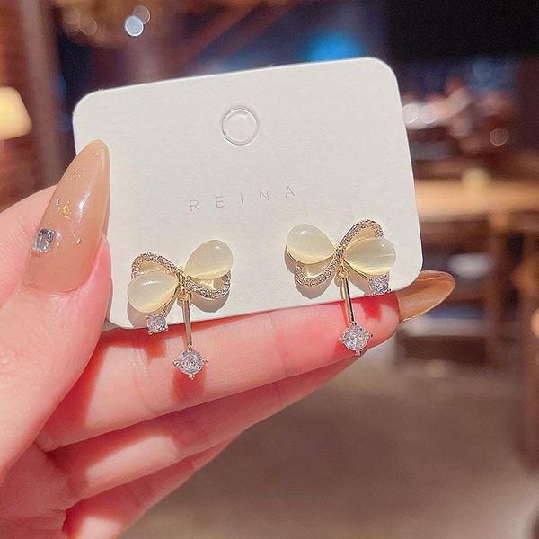

stud korean trendy opal bowknot earrings for women shiny zircon female fashion elegant jewelry delicate ear studs, Golden;silver