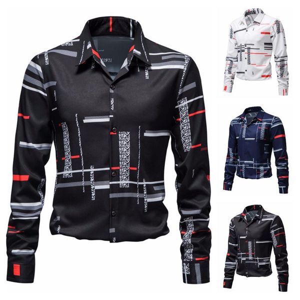 

men's casual shirts european version of foreign trade business drape loose long-sleeved shirt striped mosaic, White;black