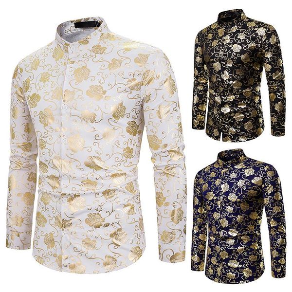 

men's bronzing shirt long sleeve henry collar cardigan with rose printing casual single-breasted slim type, White;black