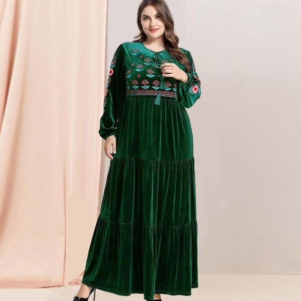

ethnic clothing muslim 2021 fashion plus-size women's dress dignified plant embroidered long sleeve casual velvet abayas, Red