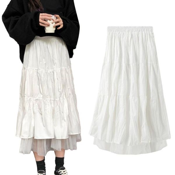

skirts white tulle women elastic high waist tiered layered pleated a line for midi saias faldas, Black
