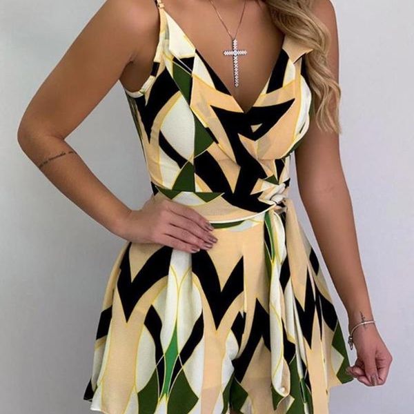 

summer women elegant vacation leisure playsuit female casual jumpsuit colorblock geo print spaghetti strap romper t200616, Black;white
