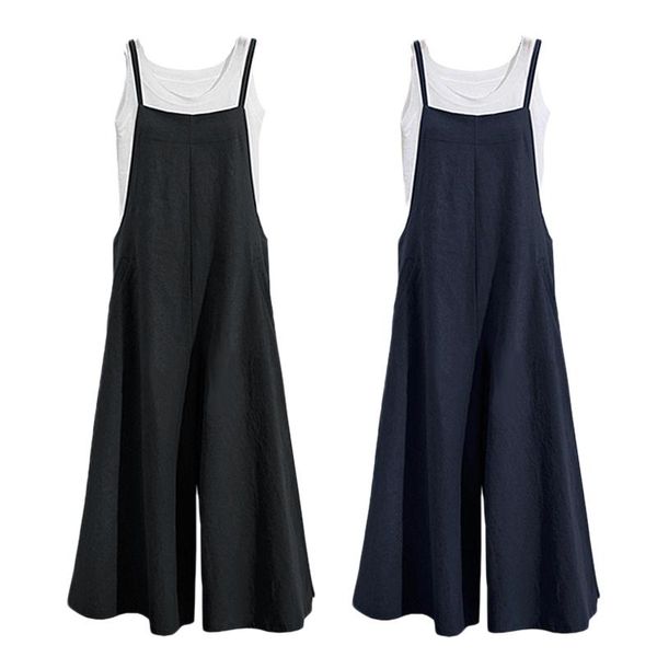 

women's jumpsuits & rompers 2pcs women casual solid spaghetti straps wide leg pants pockets loose bib cotton linen xxl - dark blue blac, Black;white
