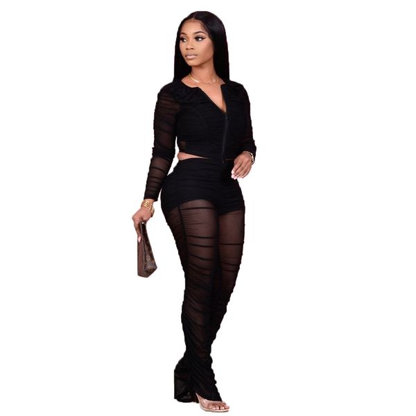 

outfit set mesh sheer patchwork pleated two piece set long sleeve zipper crop rushed pants suit casual set, Gray
