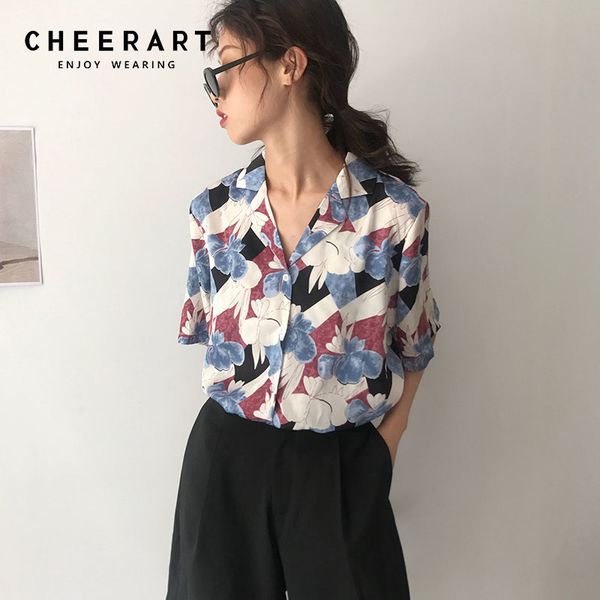 

2021 new korean women floral print lapel loose summer button up chic blouse femme pmtt, White