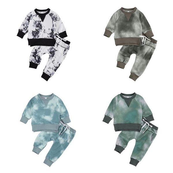

clothing sets born baby boys outfits long sleeve pullover sweatshirt pants pajamas 2pcs tie dye clothes set 0-24m, White