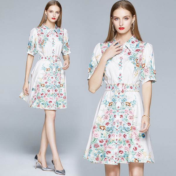 

2021 New Merhcall Elegant Runway Summer Women's Sleeve Turn Down Neck Print Holiday Casual Short with Belt MIJJ, White