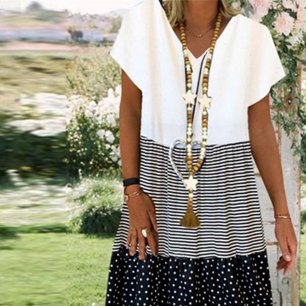 

h30 vintage casual sundress female beach dress patchwork short sleeve striped women dress summer 2021 boho floral dress, Black;gray
