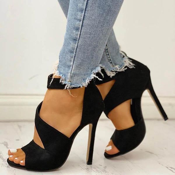 

dress shoes high heels women pumps zipper peep toe sandals casual solid office hollow out party woman 2021, Black