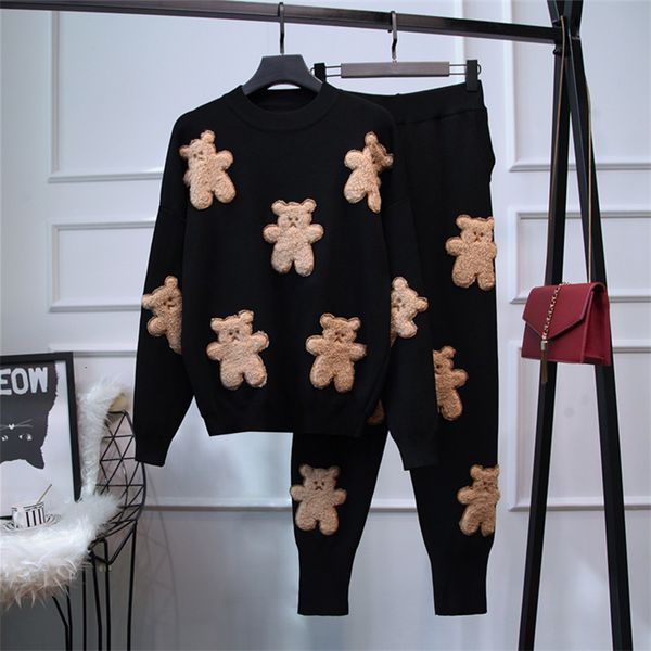 

women's two piece pants female long-sleeve sweater set with bear pattern, of two pieces casual pants, for spring and autumn, jms1, White