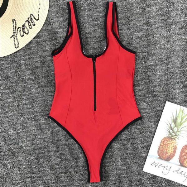 

women's swimwear v neck zipper one-piece swimsuit high cut one piece women monokini thong red maillot swim wear, White;black