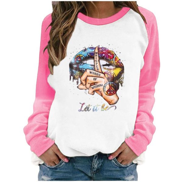 

women's t-shirt patchwork lip women shut up gesture print casual long sleeve femme clothes round neck loose western style female, White