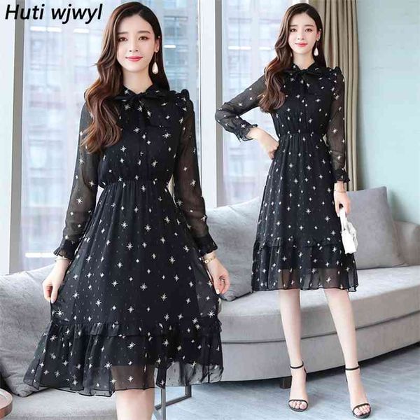 

vintage chic black chiffon midi dresses autumn winter print long sleeve beach dress elegant women bodycon party vestidos 210528, Black;gray