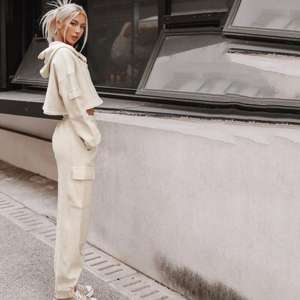 

women's two piece pants long sleeve pocket hooded casual sports suit two-piece solid color stretch wide-leg loose multi-pocket sweater, White