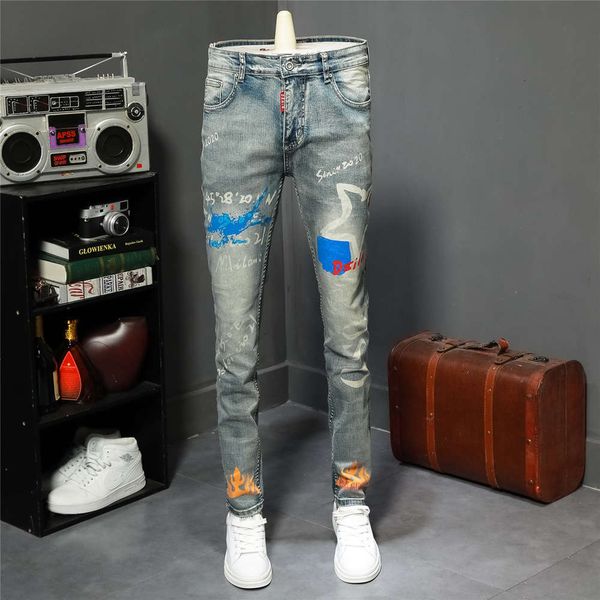 

fashion brand printed jeans men's autumn and winter stretch slim casual versatile pants trendwinter, Blue