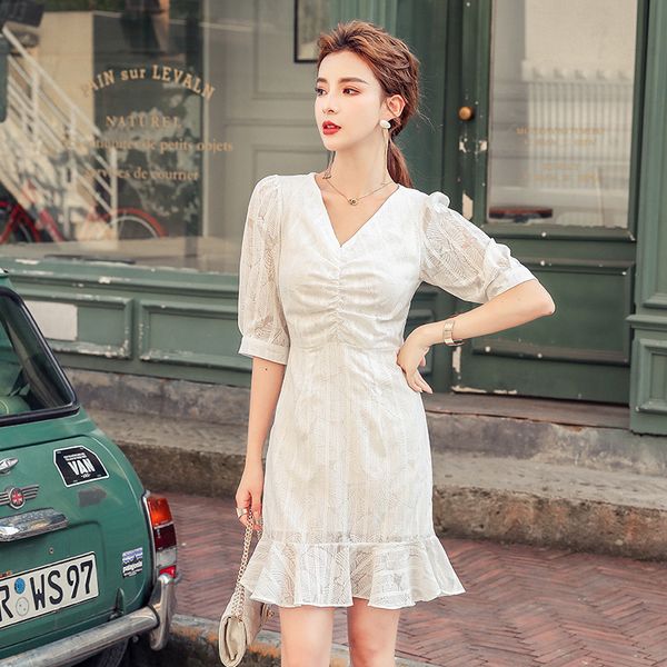 

new arrival fashion party women elegant summer vintage v-neck puff sleeve temperament ol fresh chiffon slim mermaid dress l89t, White;black