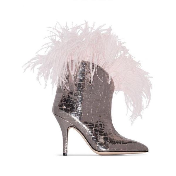 

boots chic winter woman rose purple gray bird fur ankle slip on short pointed toe feather thin high heels runway, Black