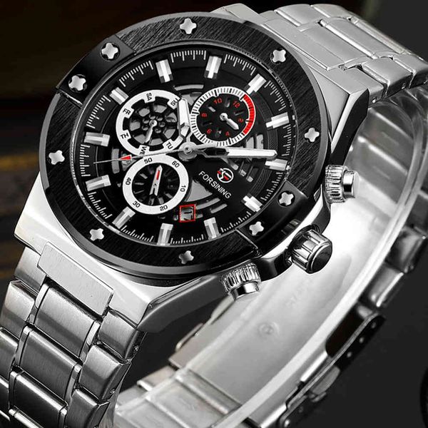 

forsining luxury brand military steel polshorlogie casual mode mechanical watches for man sports men chronography clock, Slivery;brown
