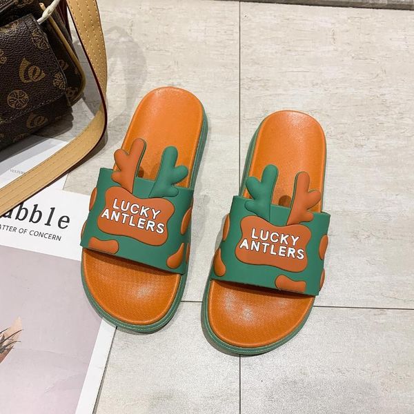 

slippers female sandals summer beach cartoon one-word flip-flops non-slip male couple outdoor casual shoes, Black