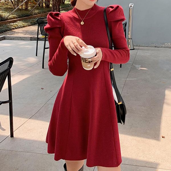 

casual dresses korean fashion puff sleeve sweater mini dress autumn winter a-line slim knitted elegant party vestidos 2021 robe femme, Black;gray