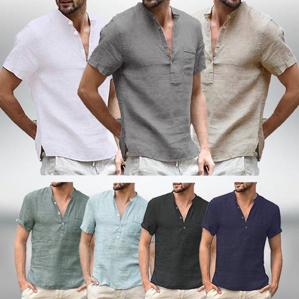 

men's casual shirts cotton linen for men basic classic white shirt male short sleeve stand collar breathable, White;black