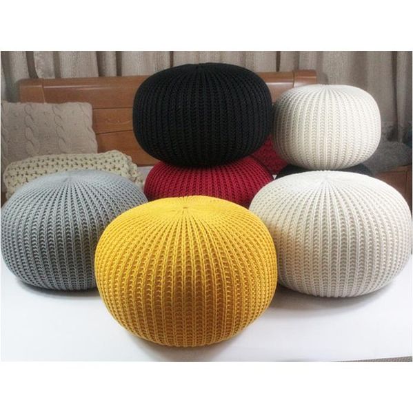 

hand knitted woolen round cushion pouf floor ottoman