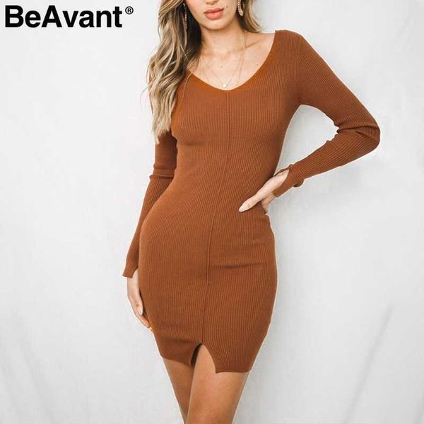 

beavant v neck bodycon knitted sweater dress split casual long sleeve knitted dress women autumn winter dresses female 210709, Black;gray