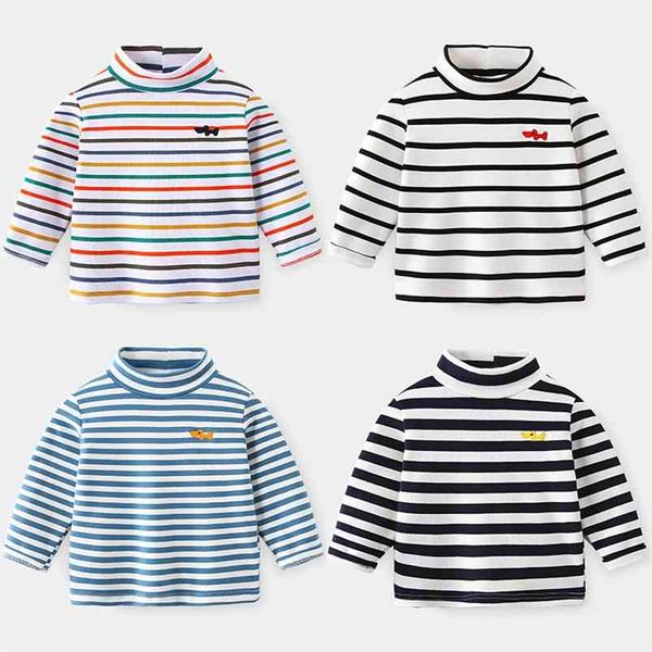 Frühjahr Herbst Winter 2 3 4 6 8 10 Jahre Cartoon High Neck Pullover Basic Therck Striped Soft T-Shirt für Kinder Baby Boy 210625