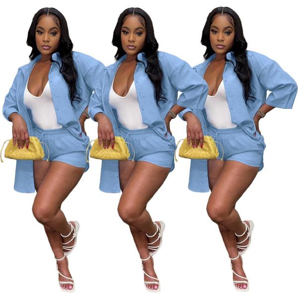 

women's tracksuits women set sky blue full sleeve turn-down collar shirts stretchy shorts two 2 piece sets work office lady outfits au, Gray