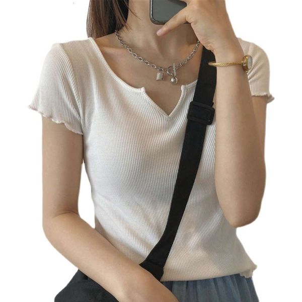

summer solid color v-neck t-shirt short-sleeved t shirt women's fashion slim korean style women, White