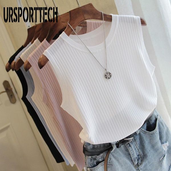 

women's tanks & camis ursporttech women knitted vest o-neck solid sleeveless tank casual thin 2021 summer knit woman shirt gilet fe, White