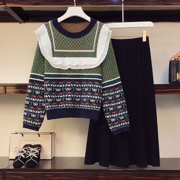 

Plus Size Oversize 2 Female Ensemble Jacquard Top Sweater and Kintted Skirt Suits 2021 Autumn Elegant Warm Outfts Office L4q2, Black;gray