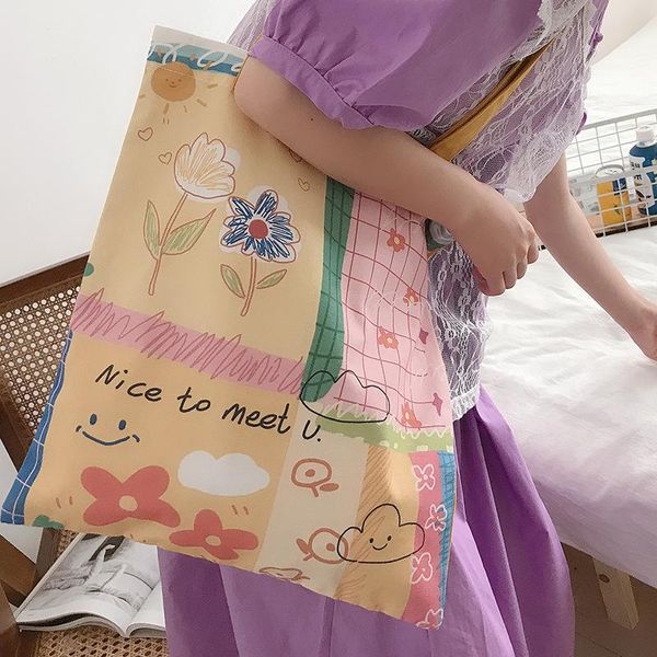 

cheerful hand painted women canvas shoulder bags cotton cloth fabric handbag casual tote books bag cute shopping bags for girls