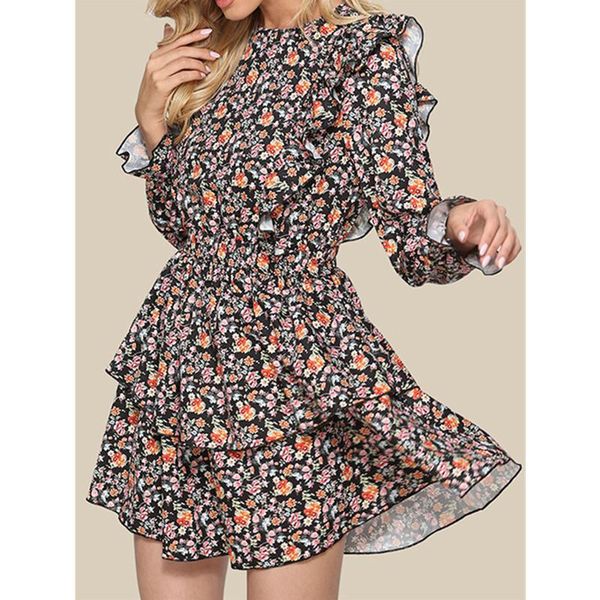 

casual dresses autumn 2021 fashion floral long-sleeved temperament female printed holiday dress, Black;gray
