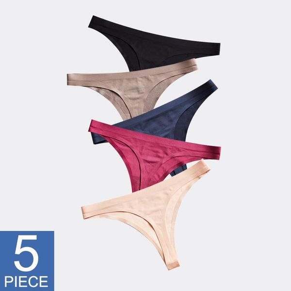 

women's panties woman underwear seamless ice silk panty female t-back solid soft g-string thong for women lingerie 5 pcs, Black;pink