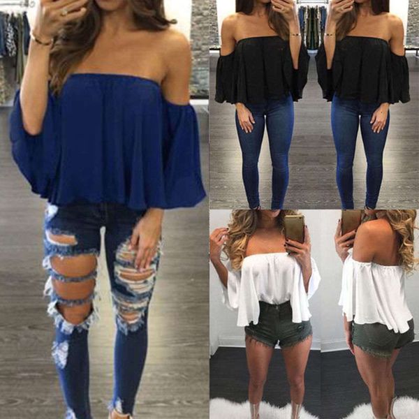 

fashion ladies summer ee off-shoulder casual slash neck crop t-shirt tea, White